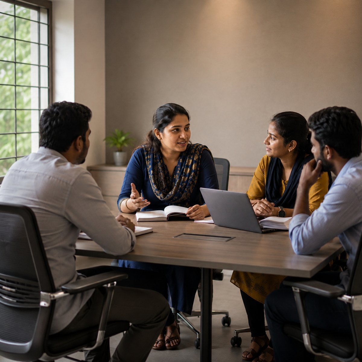 Four participants at an SPGGLL training session in Bengaluru, seated around a table with notebooks and a laptop while one leads the discussion