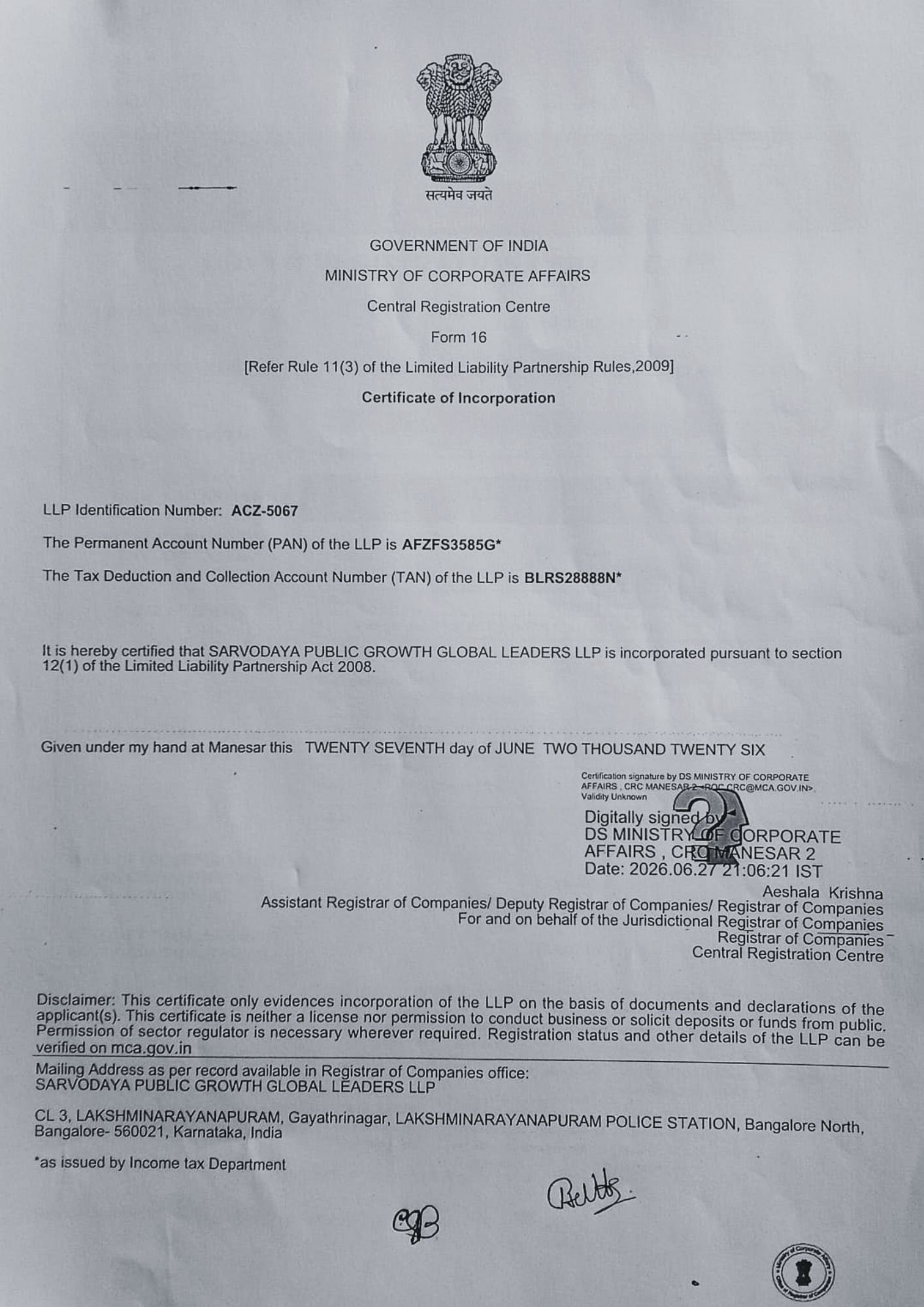 Certificate of Incorporation issued by the Ministry of Corporate Affairs to SARVODAYA PUBLIC GROWTH GLOBAL LEADERS LLP, LLPIN ACZ-5067, dated 27 June 2026